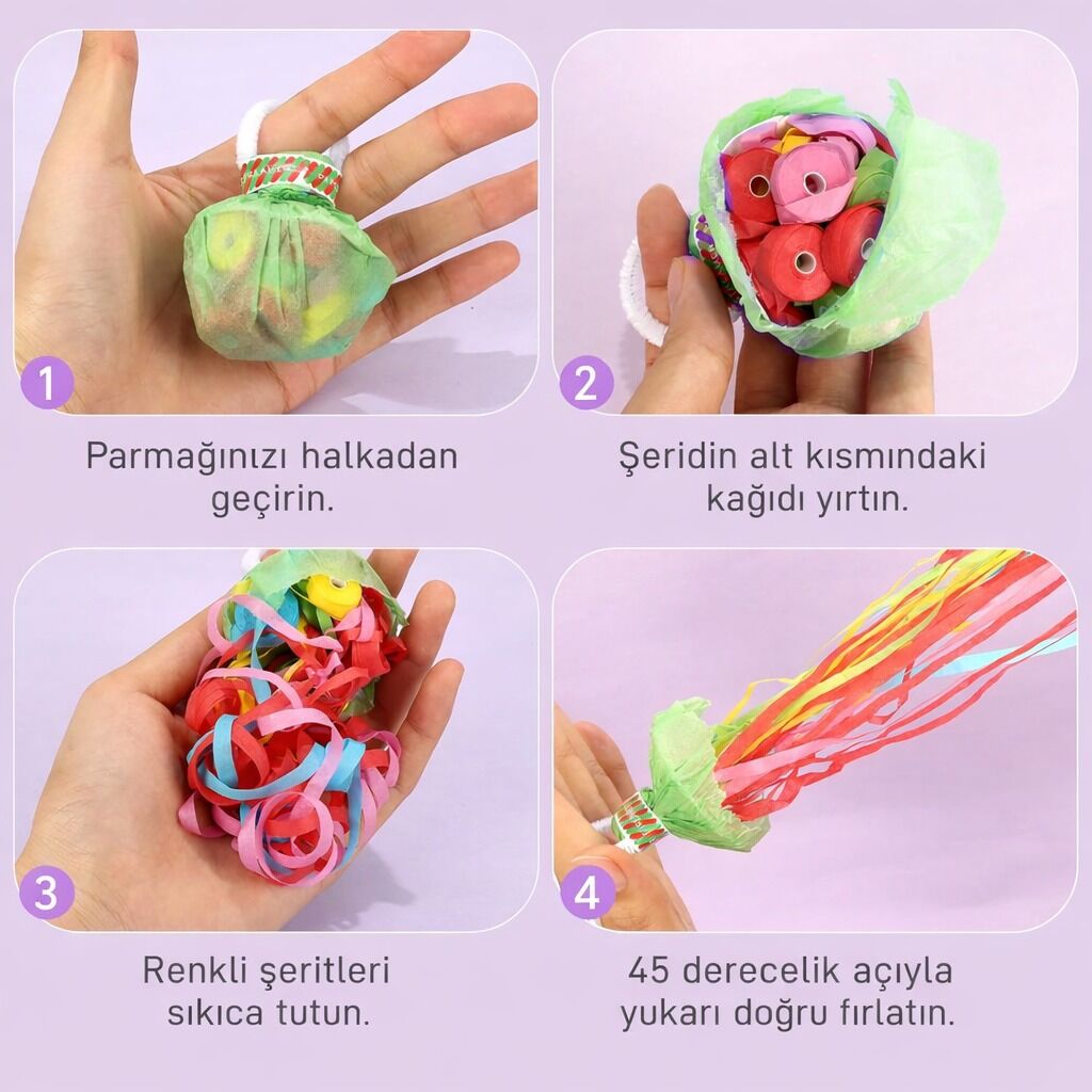 30 Şeritli Renkli Elle Atılan Konfeti – 5 Metre Uzayan Şerit Konfeti 1 Adet