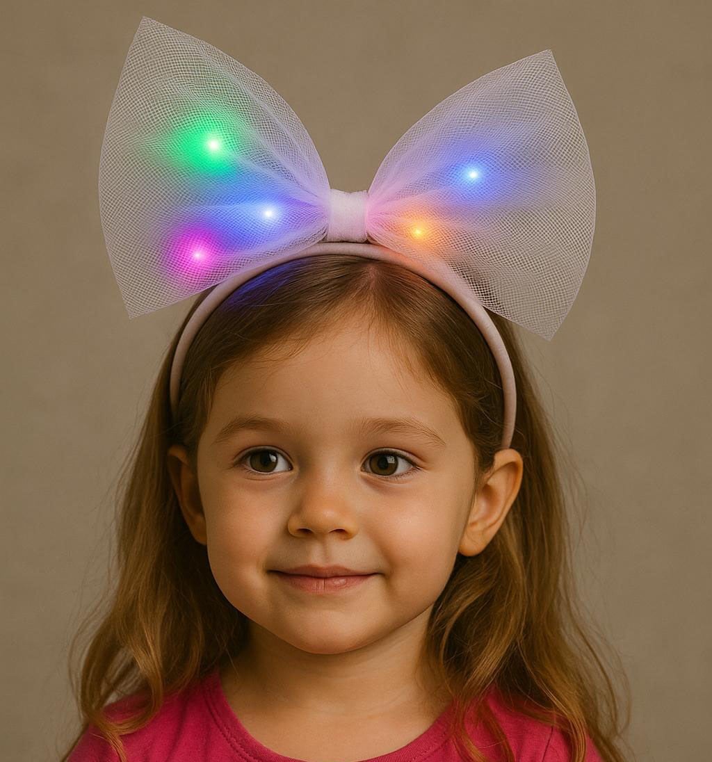 Rengarenk Led Işıklı Fiyonk Şekilli Tül Parti Tacı Beyaz Renk 25x25 cm