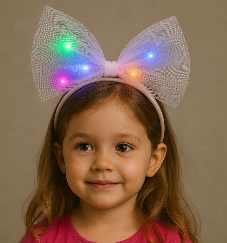 Rengarenk Led Işıklı Fiyonk Şekilli Tül Parti Tacı Beyaz Renk 25x25 cm