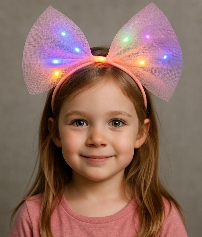 Rengarenk Led Işıklı Fiyonk Şekilli Tül Parti Tacı Pembe Renk 25x25 cm