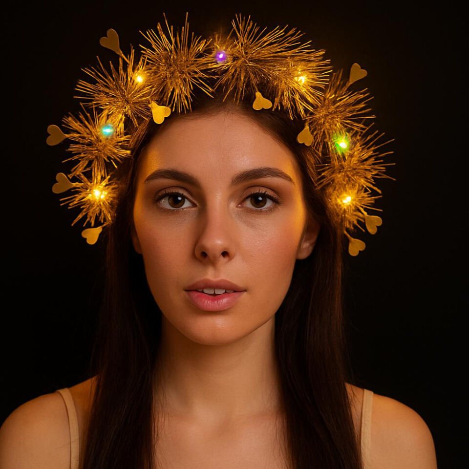 Kalp Püsküllü Gece Parıltısı 3 Modlu LED'li Işıklı Taç Altın Renk