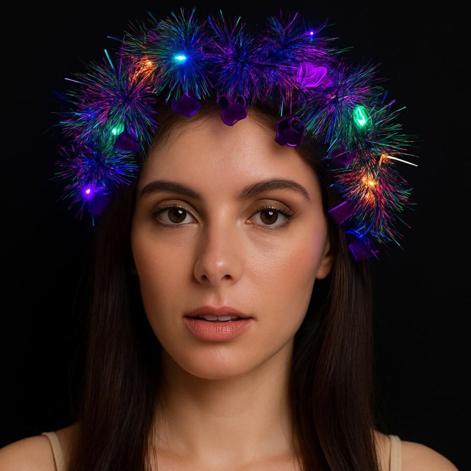 Kalp Püsküllü Gece Parıltısı 3 Modlu LED'li Işıklı Taç Mor Renk