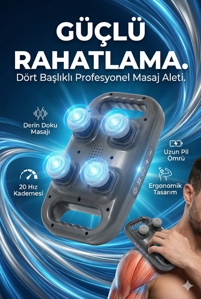 4 Başlıklı Masaj Tabancası - Ergonomik Derin Doku Sırt ve Boyun Masaj Aleti Ağrı ve Sızı Giderici