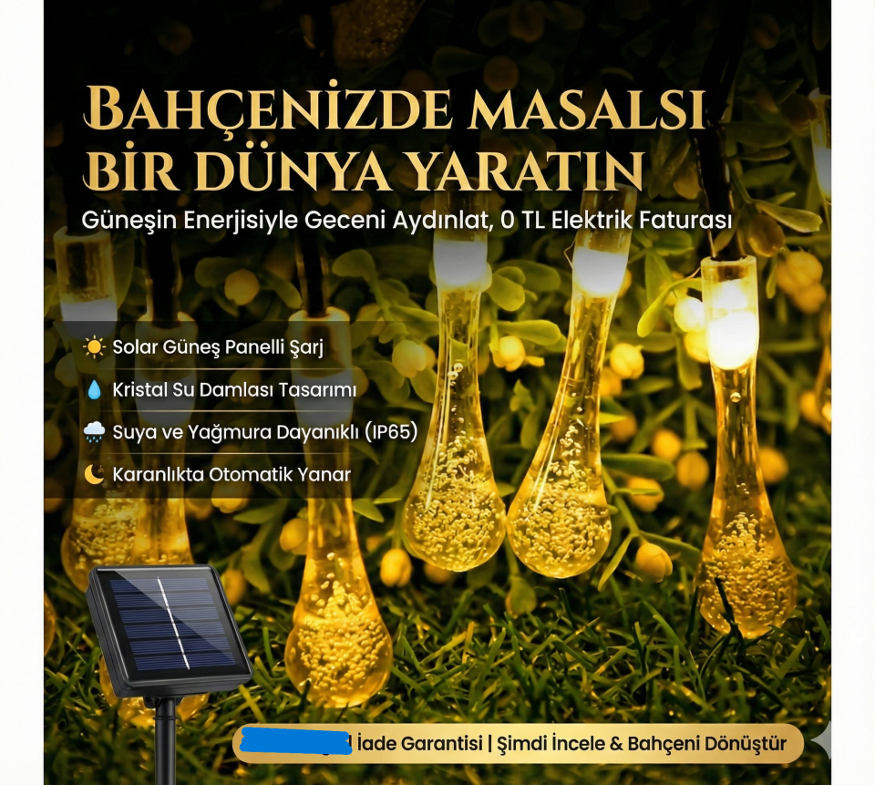 10 Led 2 Metre Sarı Kristal Su Damlası Güneş Enerjili Led Işık Solar Bahçe Ağaç Lamba Aydınlatması