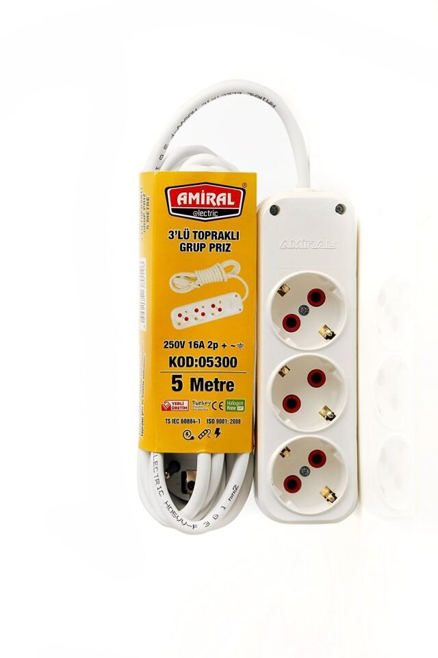 Amiral 3' lü Topraklı 5 Metre Kablolu Grup Priz