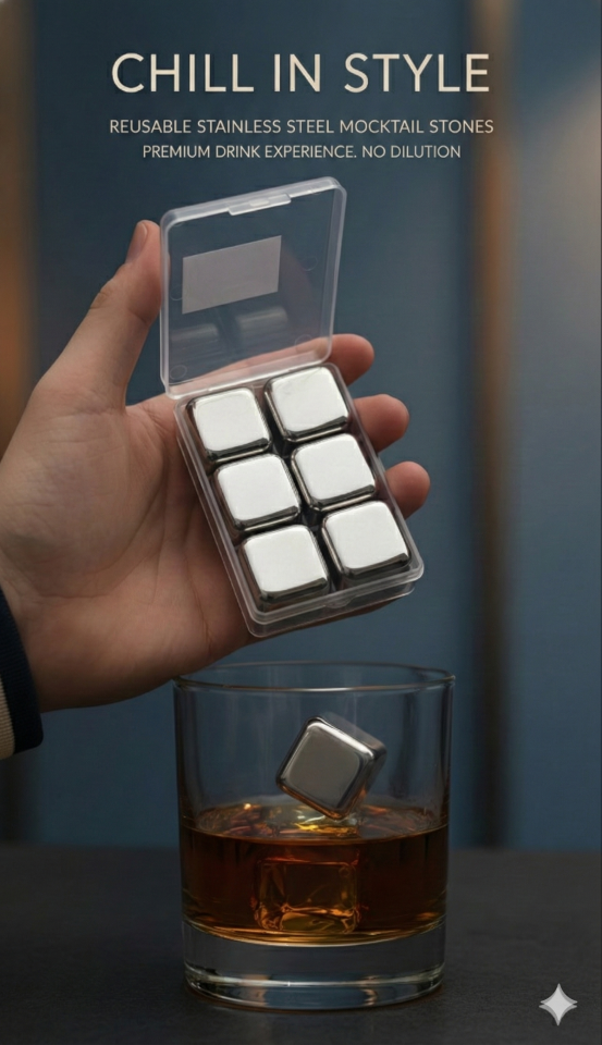 6'lı Çelik Metal Kaplama Viski Taşı Soğutma Buz Küpü