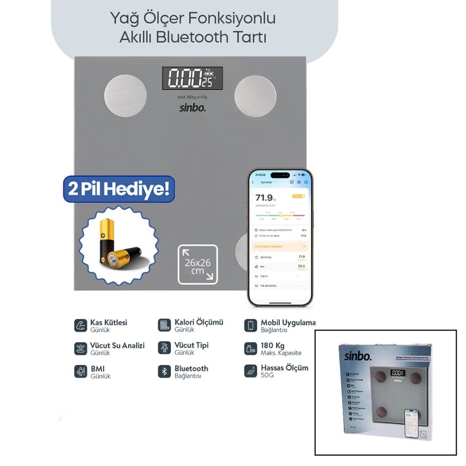 BASKÜL GRİ YAĞ ÖLÇER AKILLI BLUETOOTH CAM BASKÜL