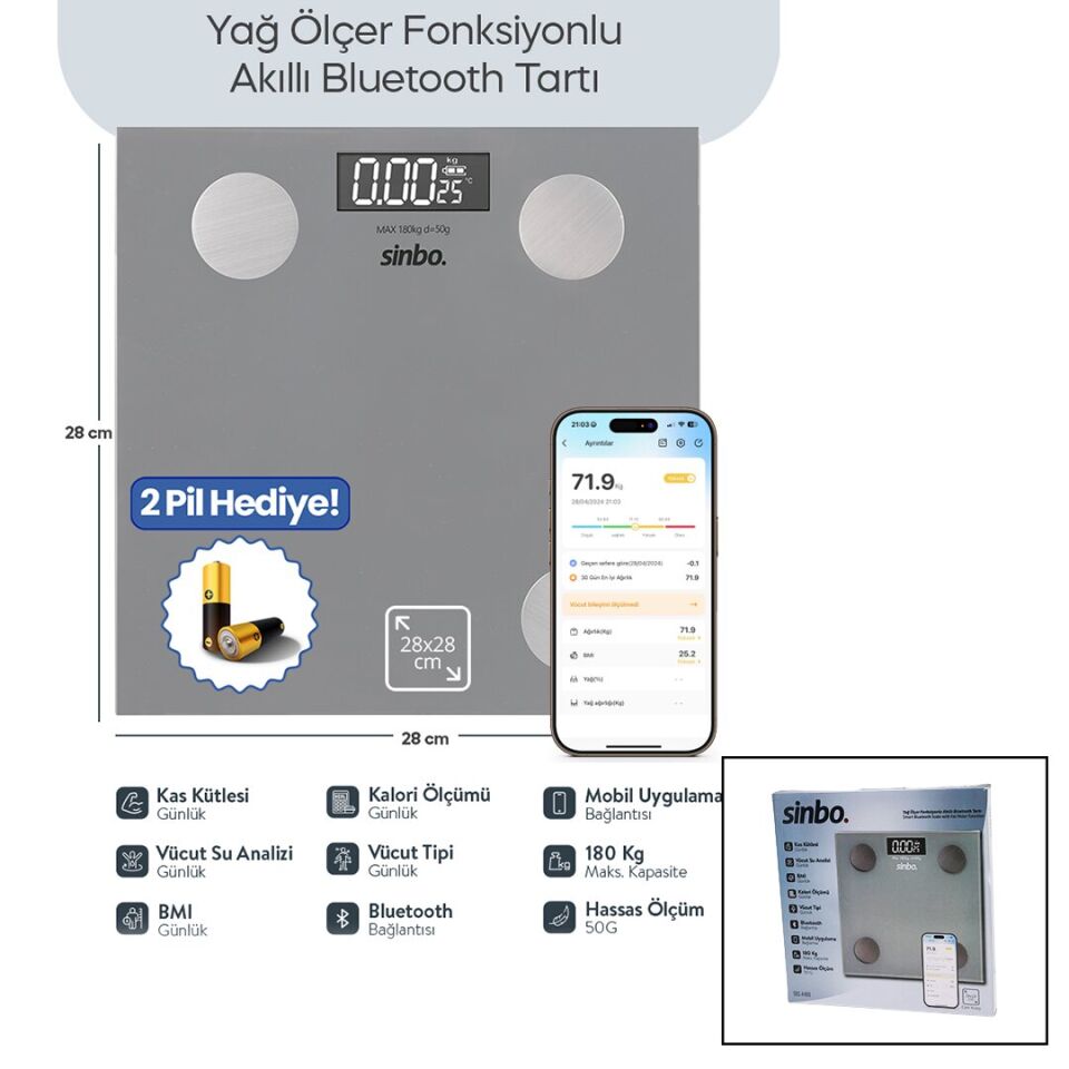 BASKÜL GRİ YAĞ ÖLÇER AKILLI BLUETOOTH CAM BASKÜL