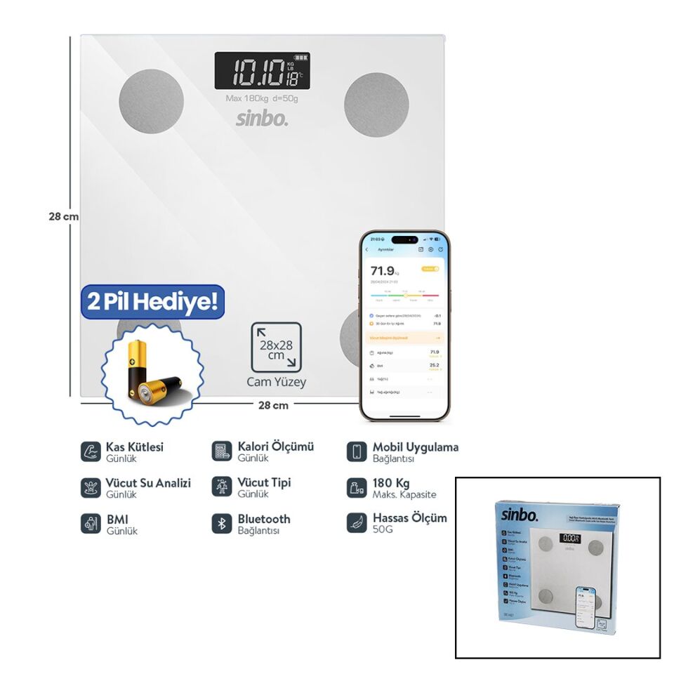 YAĞ ÖLÇERAKILLI BLUETOOTH CAM BASKÜL PİLLİ 180KG/50GR 28X28CM 8-KİŞİ HAFIZA LCD EKRAN GÖSTERGE SBS-4467