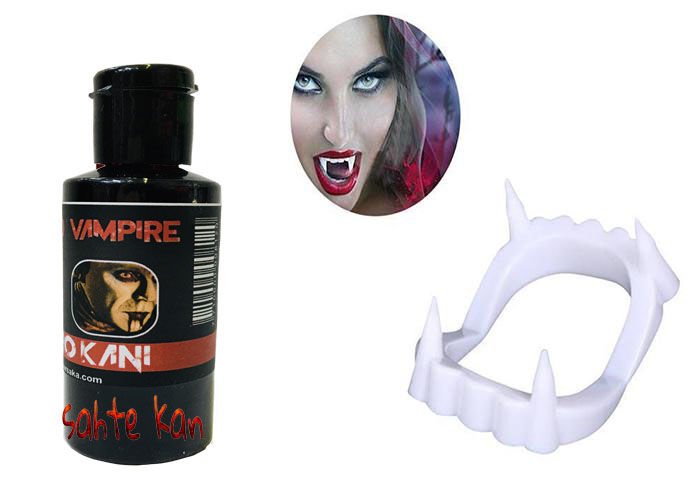 Beyaz Renk Çift Damak Takma Vampir Dişi ve 50 gr Tiyatro Kanı