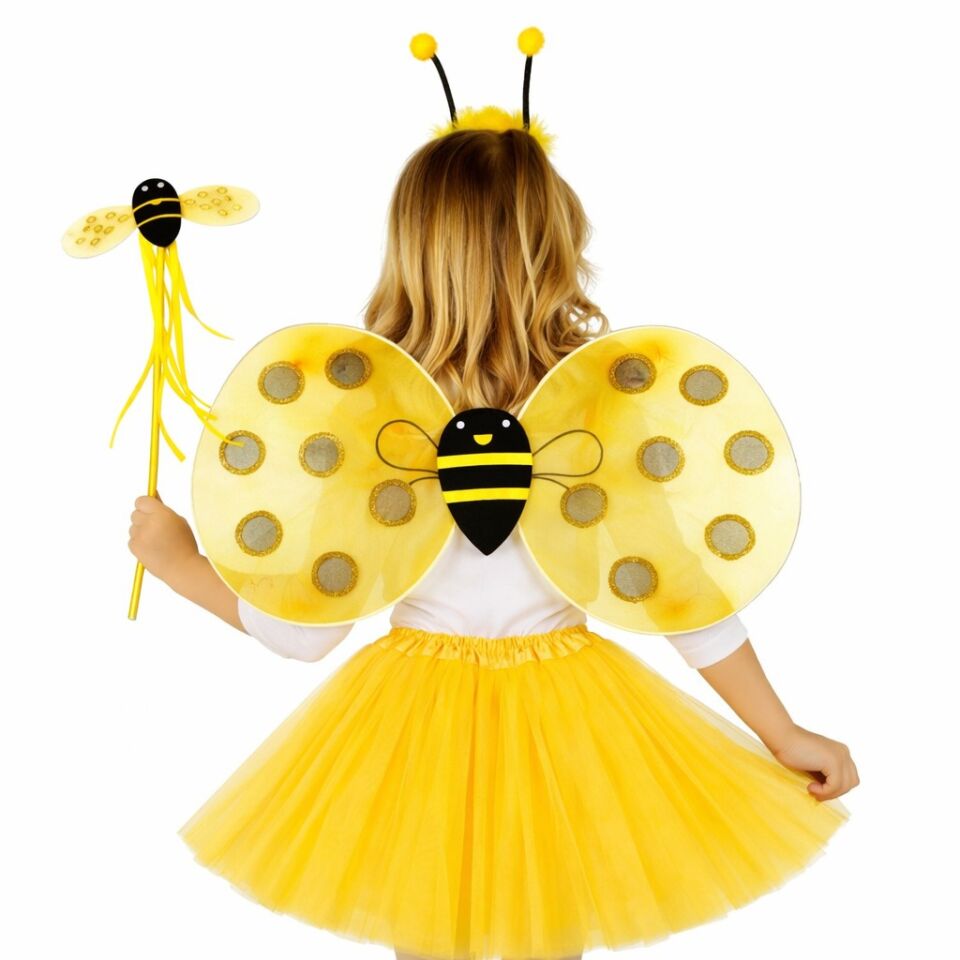 Sarı Renk Arı Kanadı Kostüm Seti (Tütü, Kanat, Taç, Asa)
