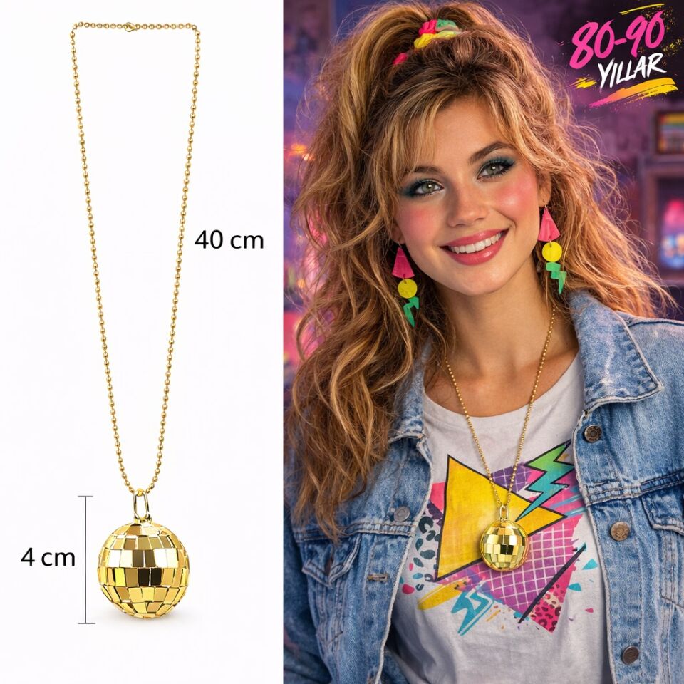 Retro Disko Topu Şekilli 80'ler 90'lar Altın Renk Plastik Kolye