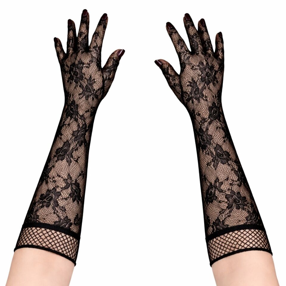 Siyah Uzun Gül Desenli Dantel Kadın Eldiveni