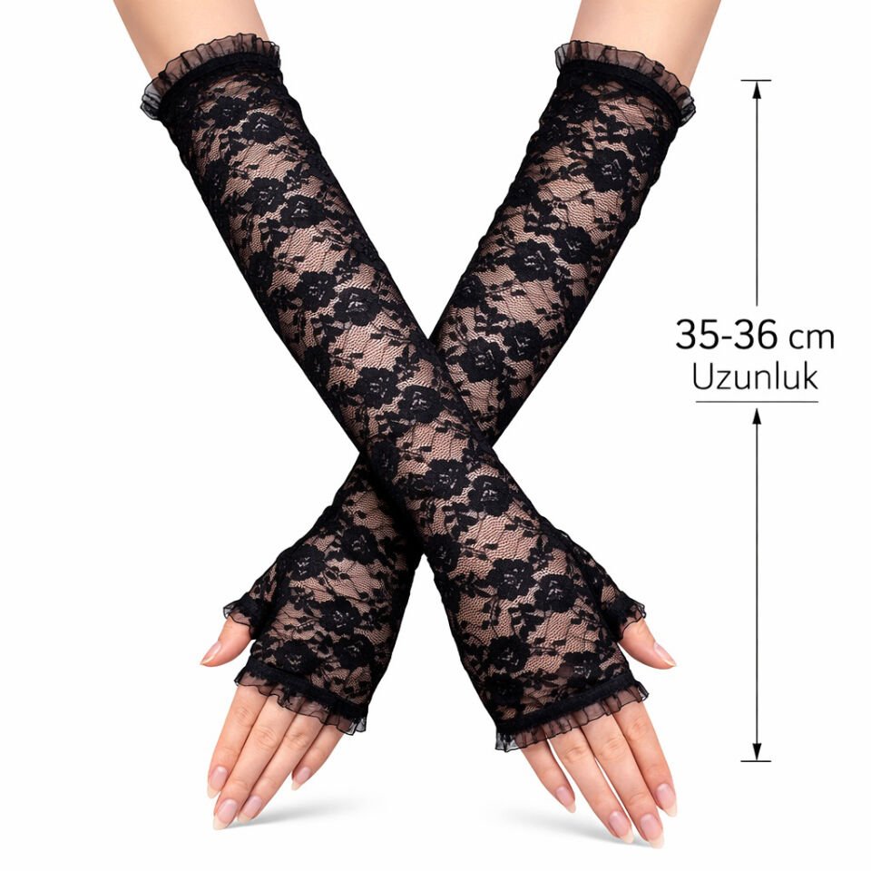 Uzun Zarif Dantel Eldiven Parmaksız Siyah 35 cm