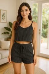 Crop Takım - Askılı Crop Takım Likralı Siyah (XL)