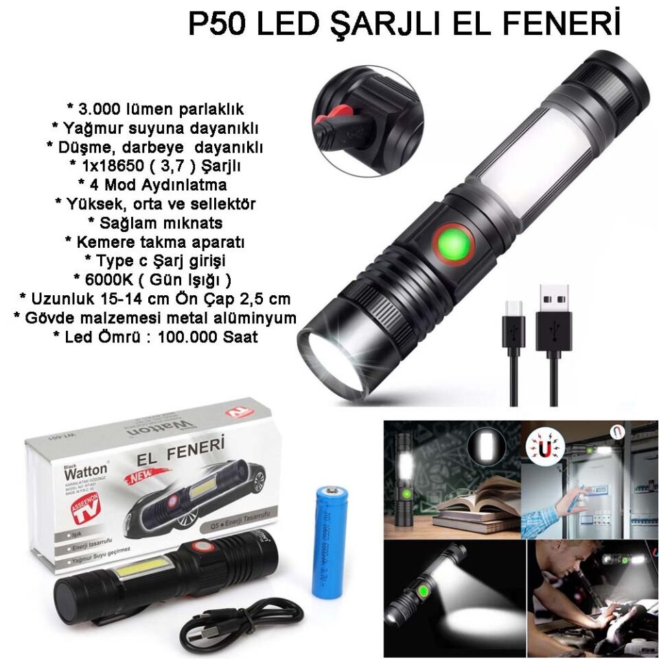 Geniş Açılı P50 Led Şarjlı EL Feneri Wt-601