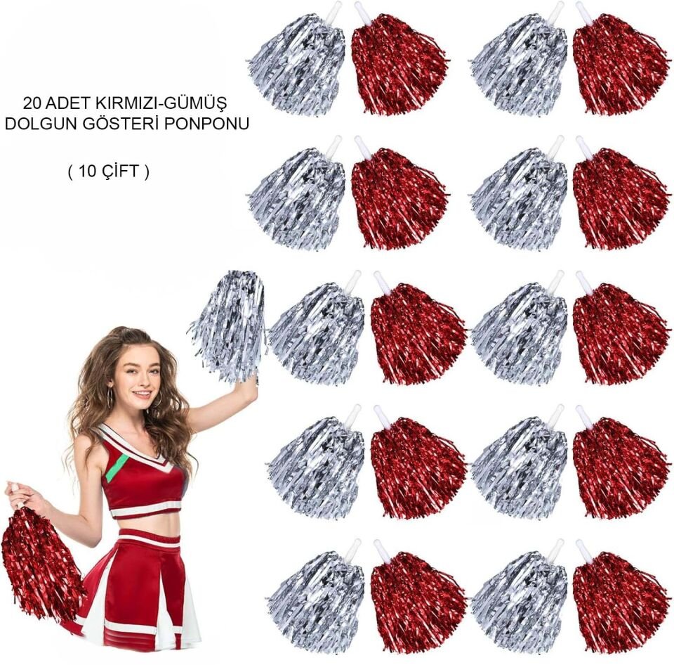 Kırmızı Gümüş Metalik Dolgun Gösteri Ponponu 20 Adet (10 Çift)