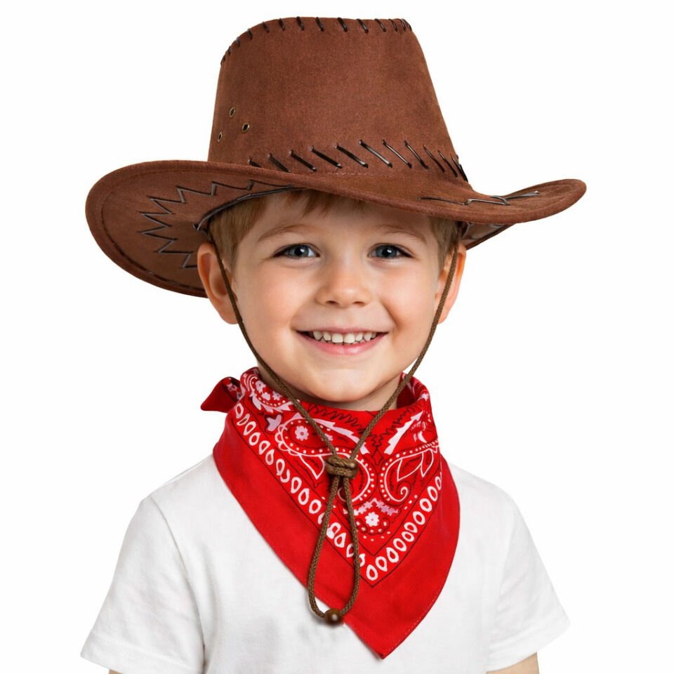 Çocuk Kovboy Şapka Kahverengi & Kırmızı Bandana Fular Seti