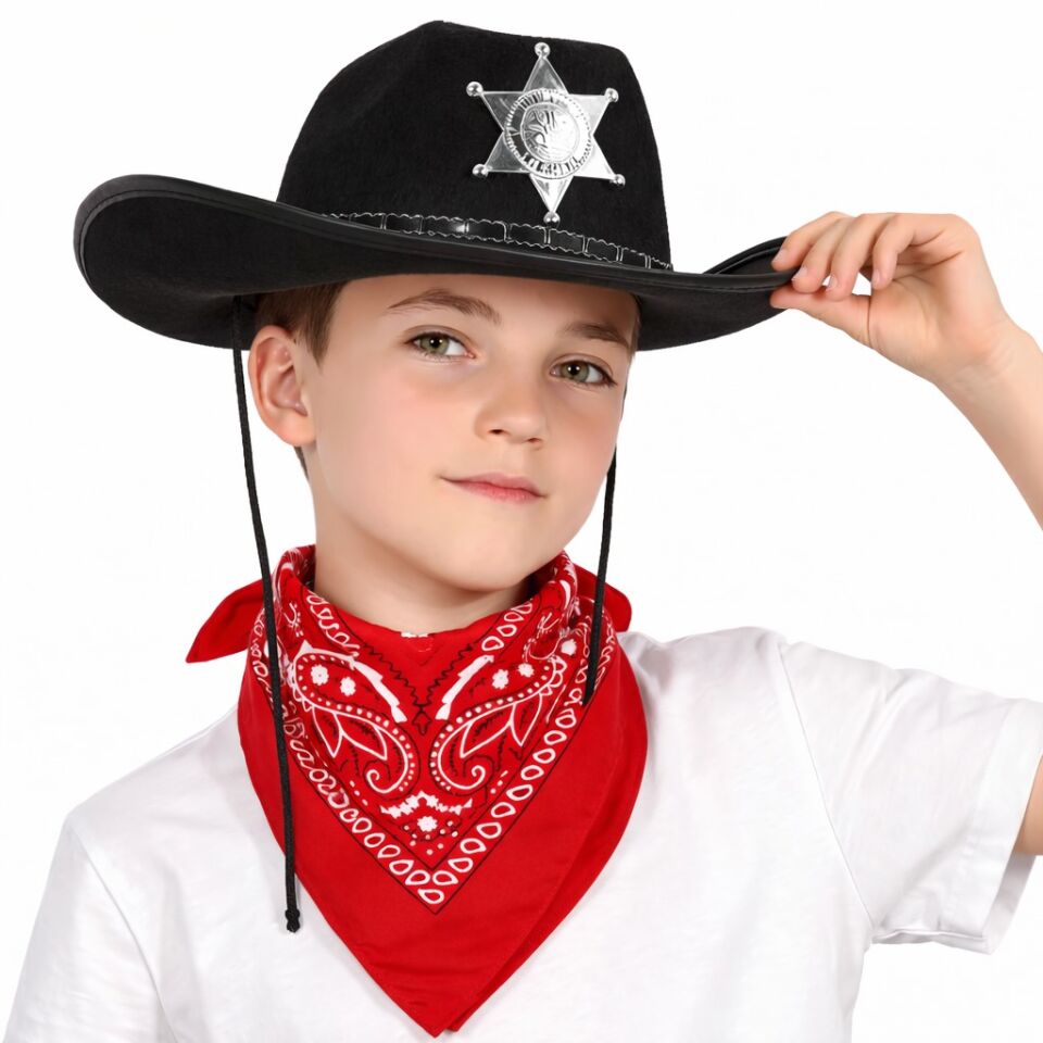Çocuk Kovboy Şapka Rozetli Siyah & Kırmızı Bandana Fular Seti