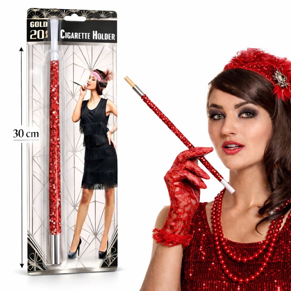 30 cm Kırmızı Payetli Sigara Tutacağı – 1920’ler Gatsby Parti Aksesuarı