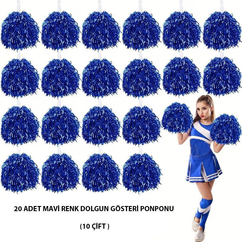 10 Çift ( 20 Adet ) Mavi Renk 23 Nisan 19 Mayıs 29 Ekim Okul Gösteri Ponponları