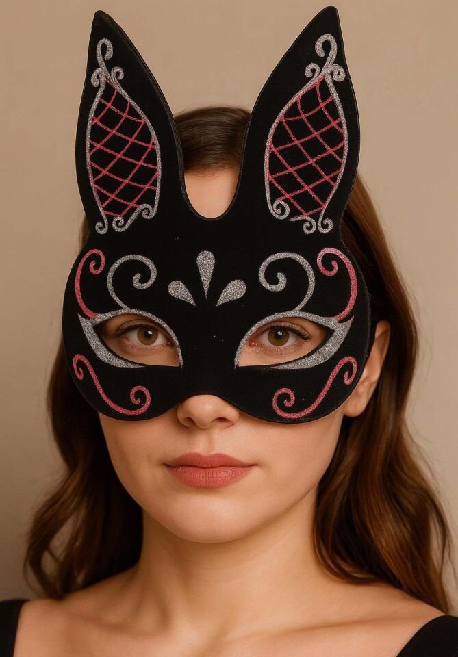 Siyah Renk Kırmızı Beyaz Simli Siyah Süet Kaplama Tavşan Maskesi 18x16 cm