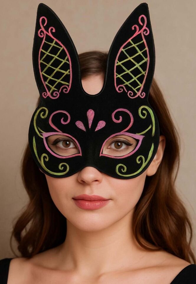 Siyah Renk Pembe Gold Simli Siyah Süet Kaplama Tavşan Maskesi 18x16 cm