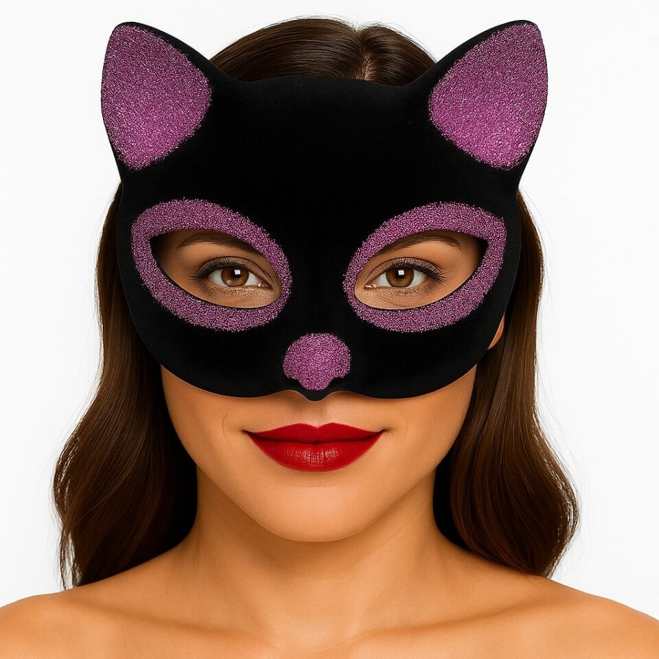 Siyah Renk Pembe Simli Süet Kaplama Kedi Maskesi 18x14 cm