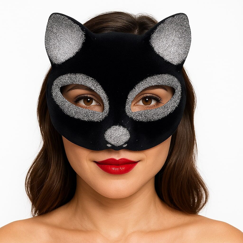 Siyah Renk Gümüş Simli Süet Kaplama Kedi Maskesi 18x14 cm