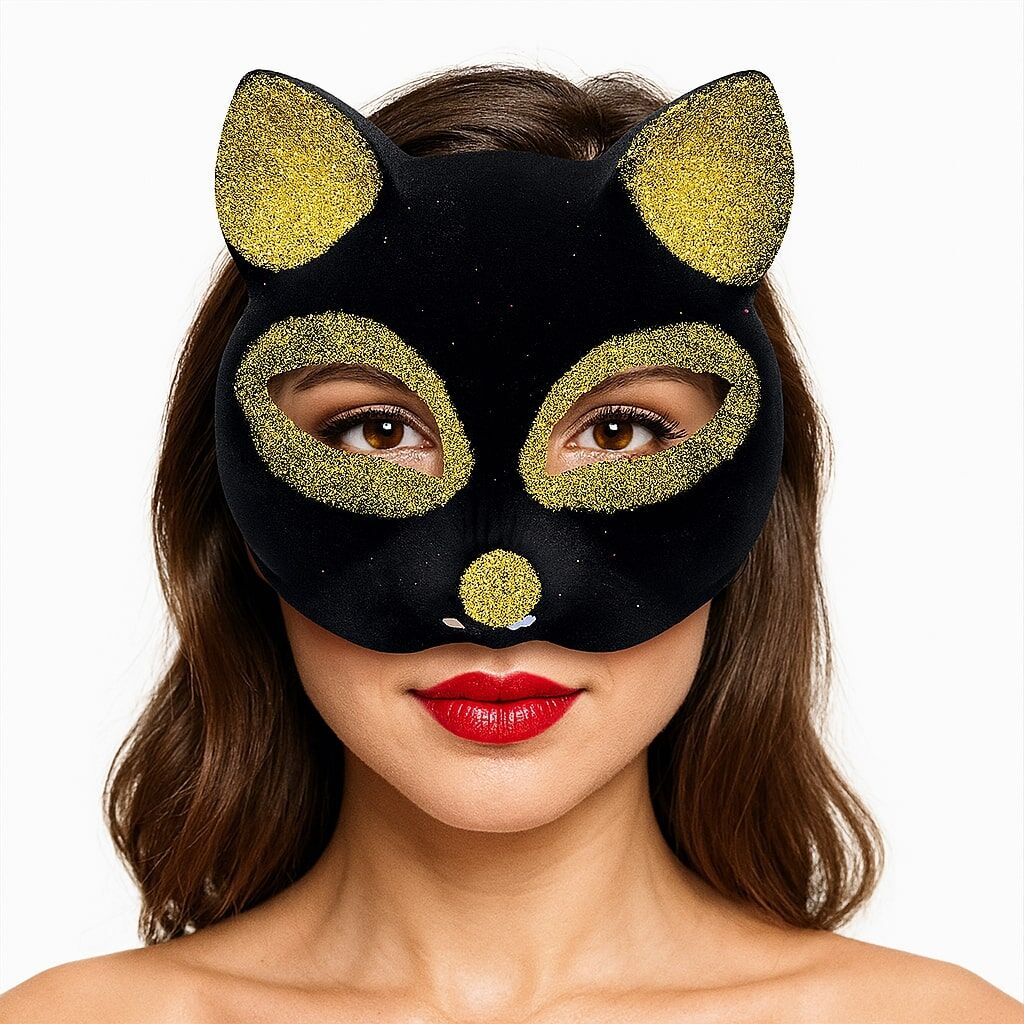 Siyah Renk Gold Simli Süet Kaplama Kedi Maskesi 18x14 cm