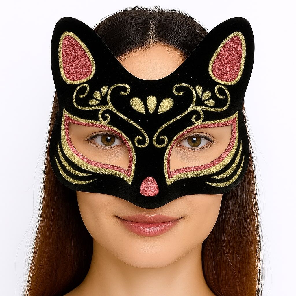 Siyah Renk Süet Kaplama Üzeri Kırmızı Sarı Simli Kedi Maskesi 17x14 cm