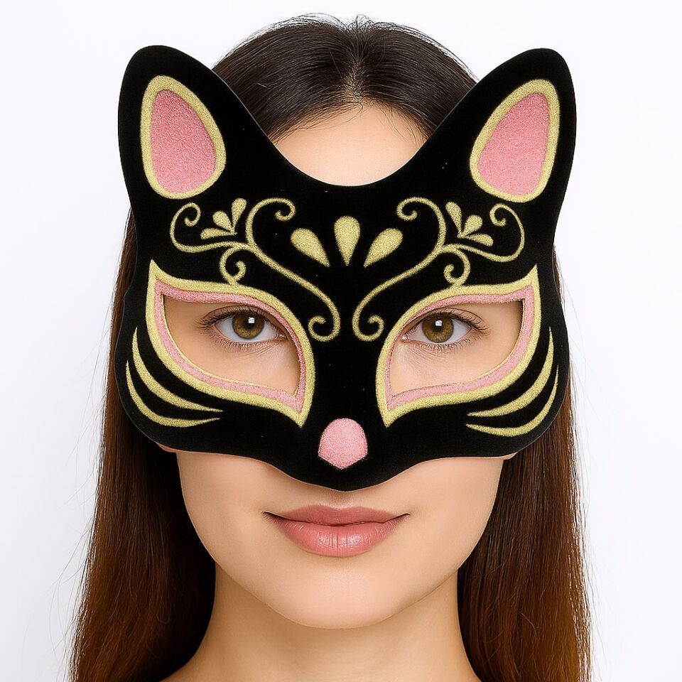 Siyah Renk Süet Kaplama Üzeri Pembe Sarı Simli Kedi Maskesi 17x14 cm