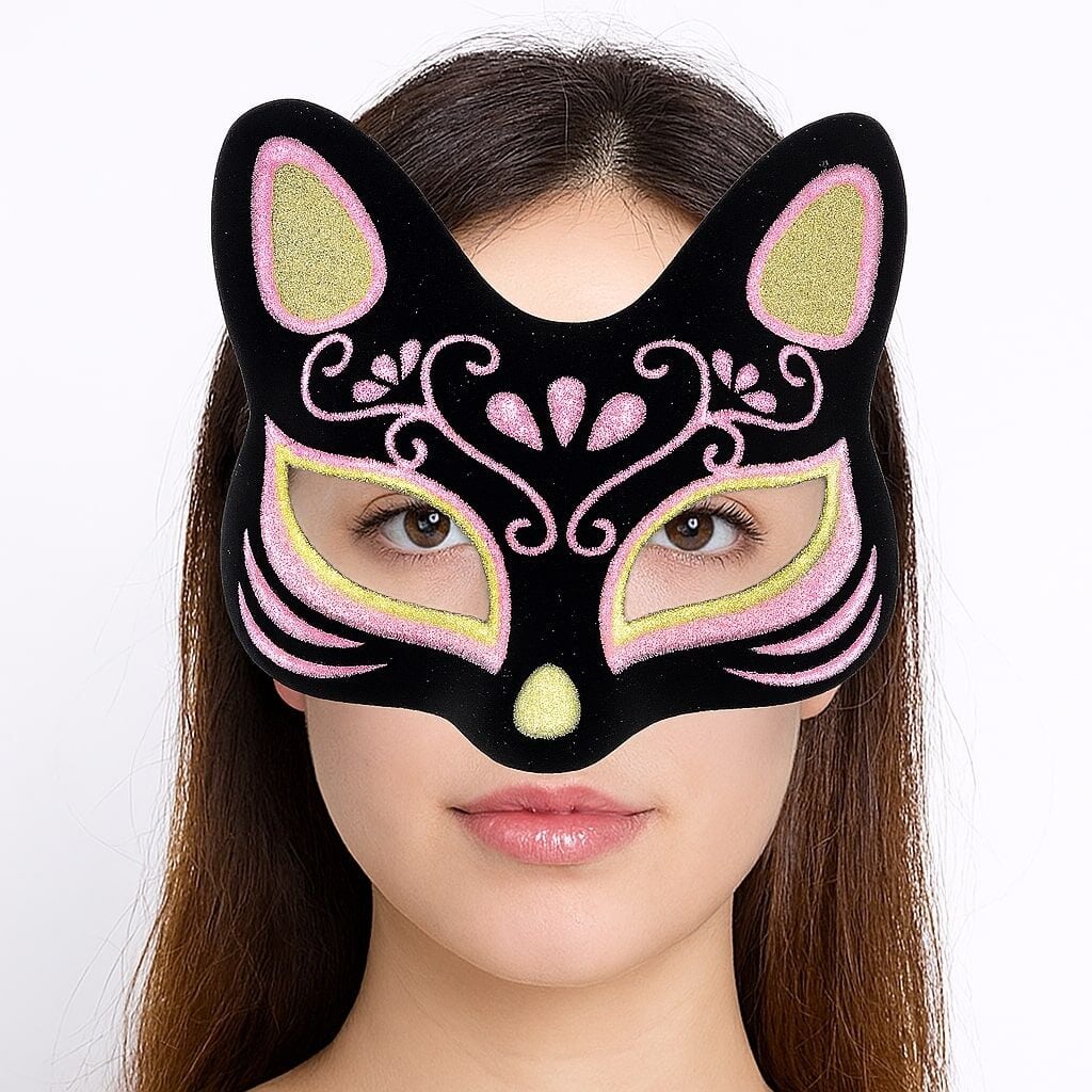 Siyah Renk Süet Kaplama Üzeri Sarı Pembe Simli Kedi Maskesi 17x14 cm