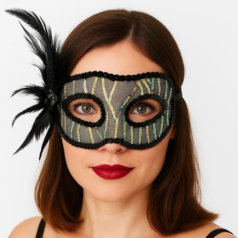 Siyah Renk Yandan Tüylü Pul Payet İşlemeli Parti Maskesi 23x12 cm