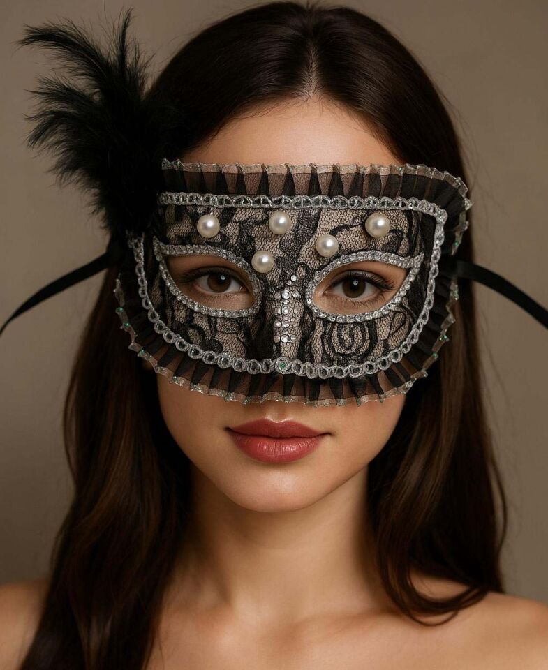 Siyah Renk Yandan Tüylü İnci İşlemeli Taşlı Dantelli Parti Maskesi 17x12 cm