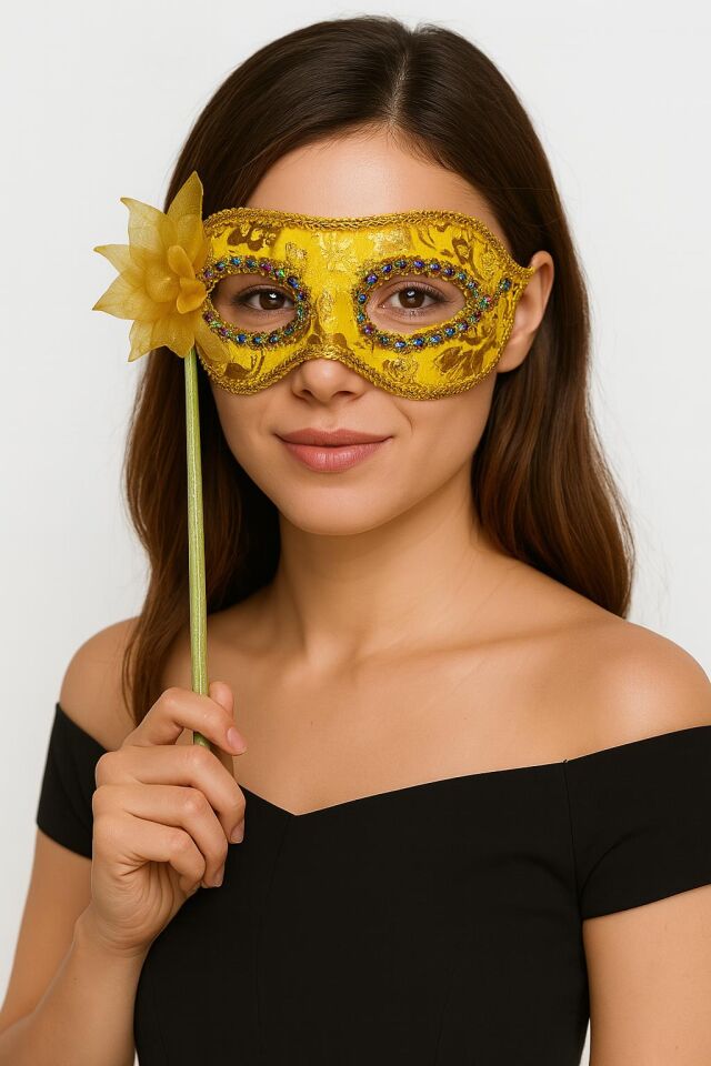 Lüks Taşlı Saplı Maskeli Balo Maskesi Altın Renk 35 cm