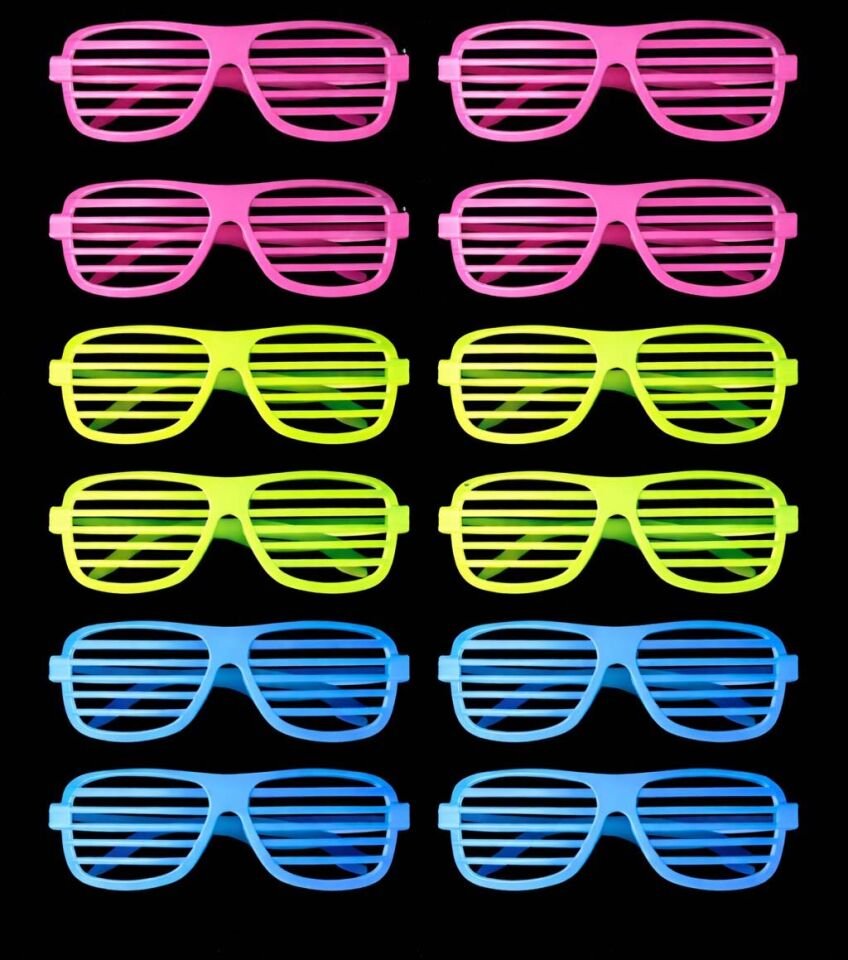 Retro Neon Fosforlu Panjur Gözlük 12 Adet – 80’ler 90’lar Parti Stili