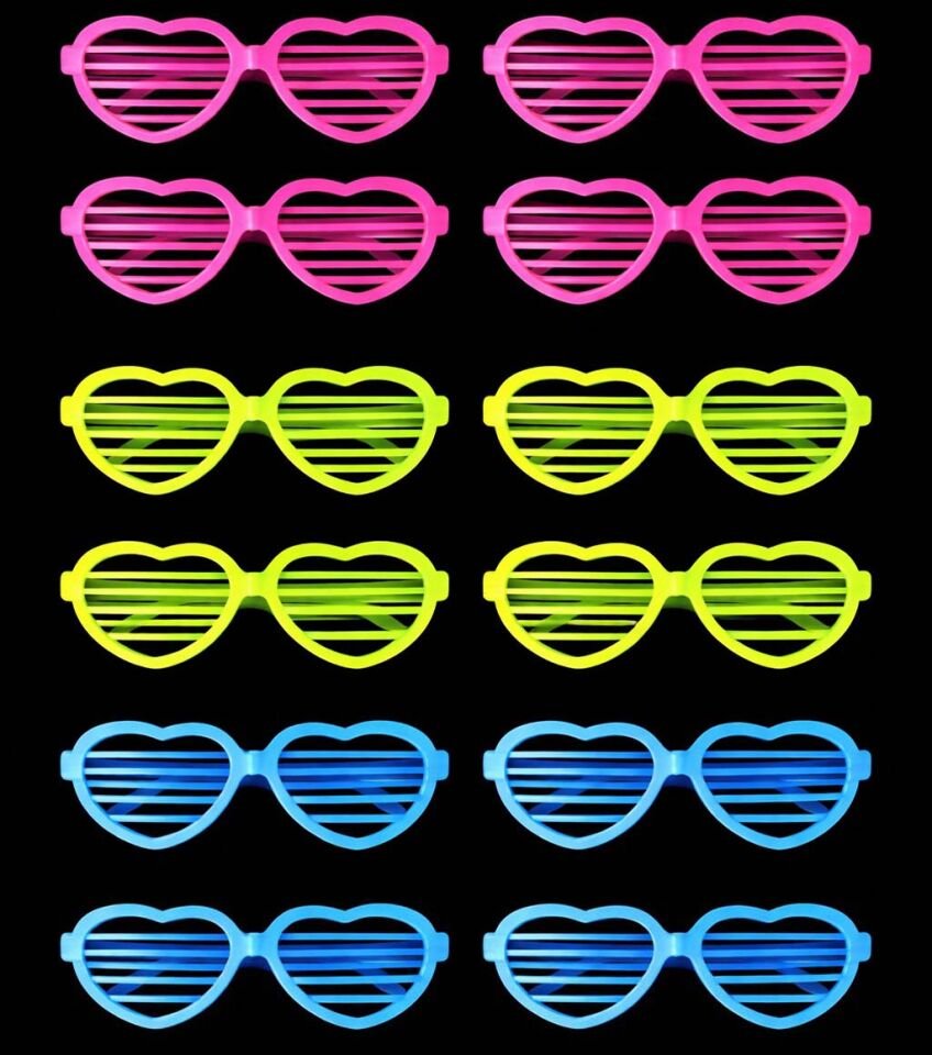 Retro Neon Fosforlu Kalp Panjur Gözlük 12 Adet – 80’ler 90’lar Parti Stili