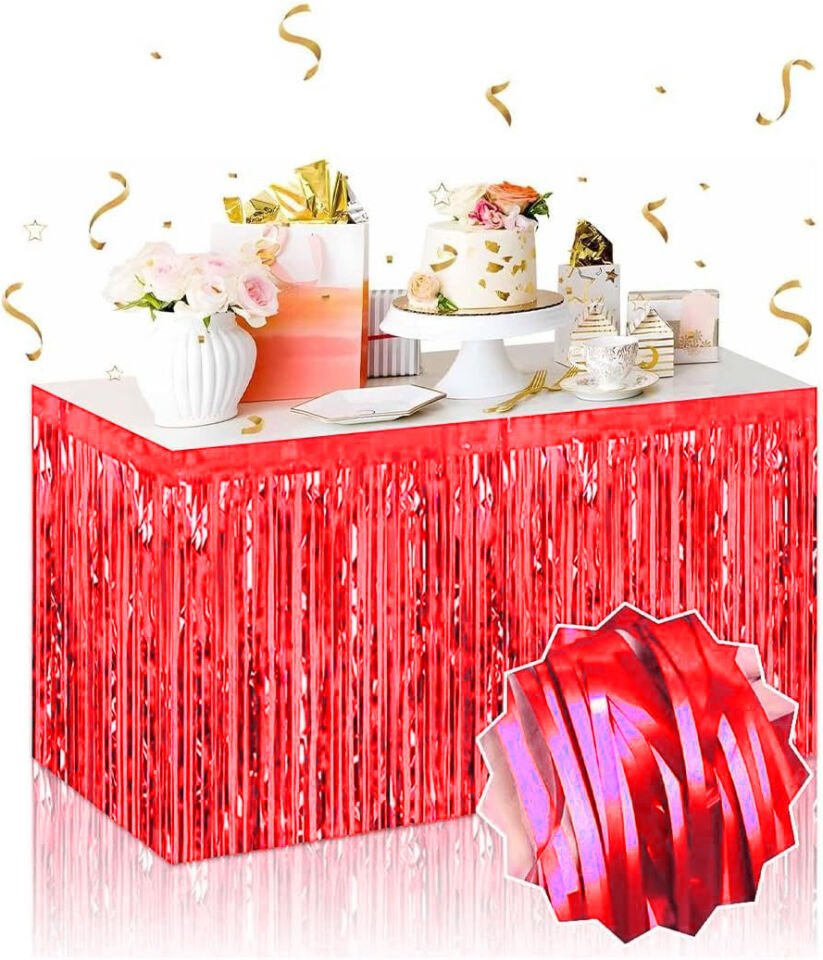 Kendinden Yapışkanlı Kırmızı Metalize Püsküllü Masa Eteği – 75 x 275 cm Parti Süslemesi